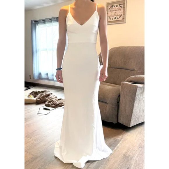 Lulu's Infinite Glory Classic White Maxi Dress V-Neck Simple Wedding Gown - Picture 3 of 6
